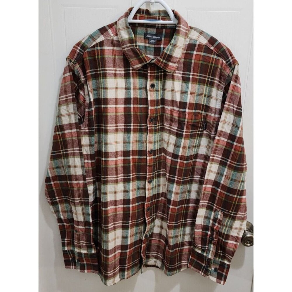 Eddie Bauer Red Plaid Stiped Flannel Button Up Long Sleeve Shirt Size XL Cotton